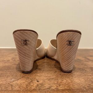 Chanel CC Wedge Mule Sandals White Peep Toe Wooden High Heel